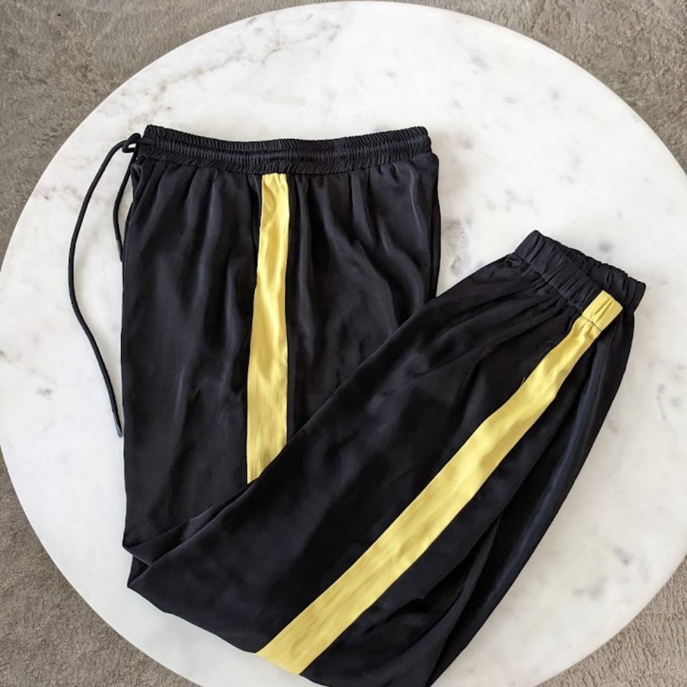 Solaris Style Satin High Waist High Rise Joggers with Yellow Stripe Panel - Picture 3 of 4
